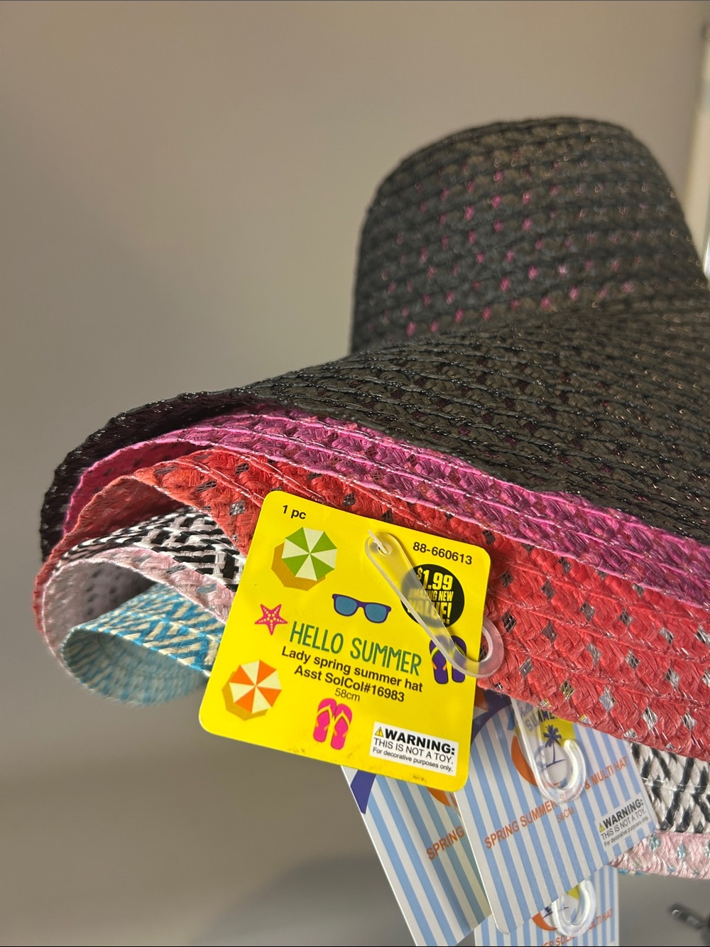 Lot of 6 Wide Brim Straw Hat 2 Worn 4 NWT Black, DkPink, Red, B/W, LTPink, TurqW